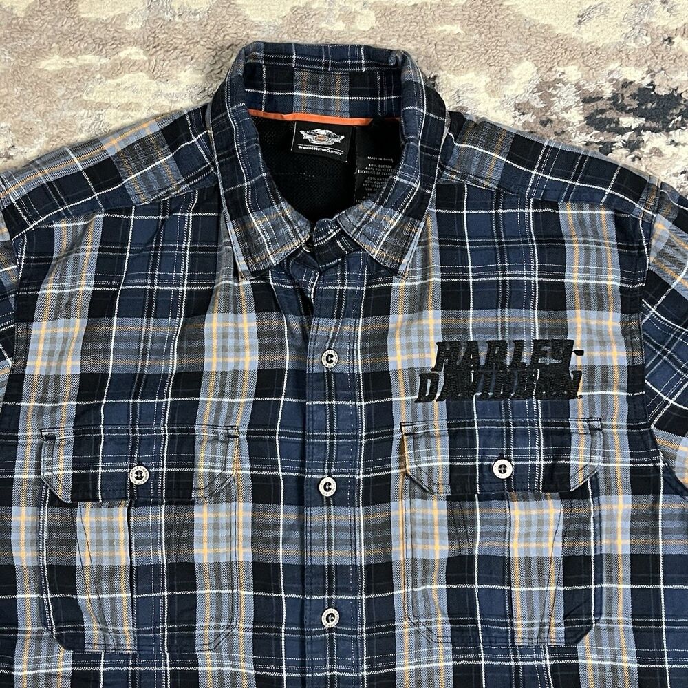 Harley Davidson Short Sleeve Metal Button Down Plaid Flannel Shop Shirt Sz Large - Picture 2 of 9